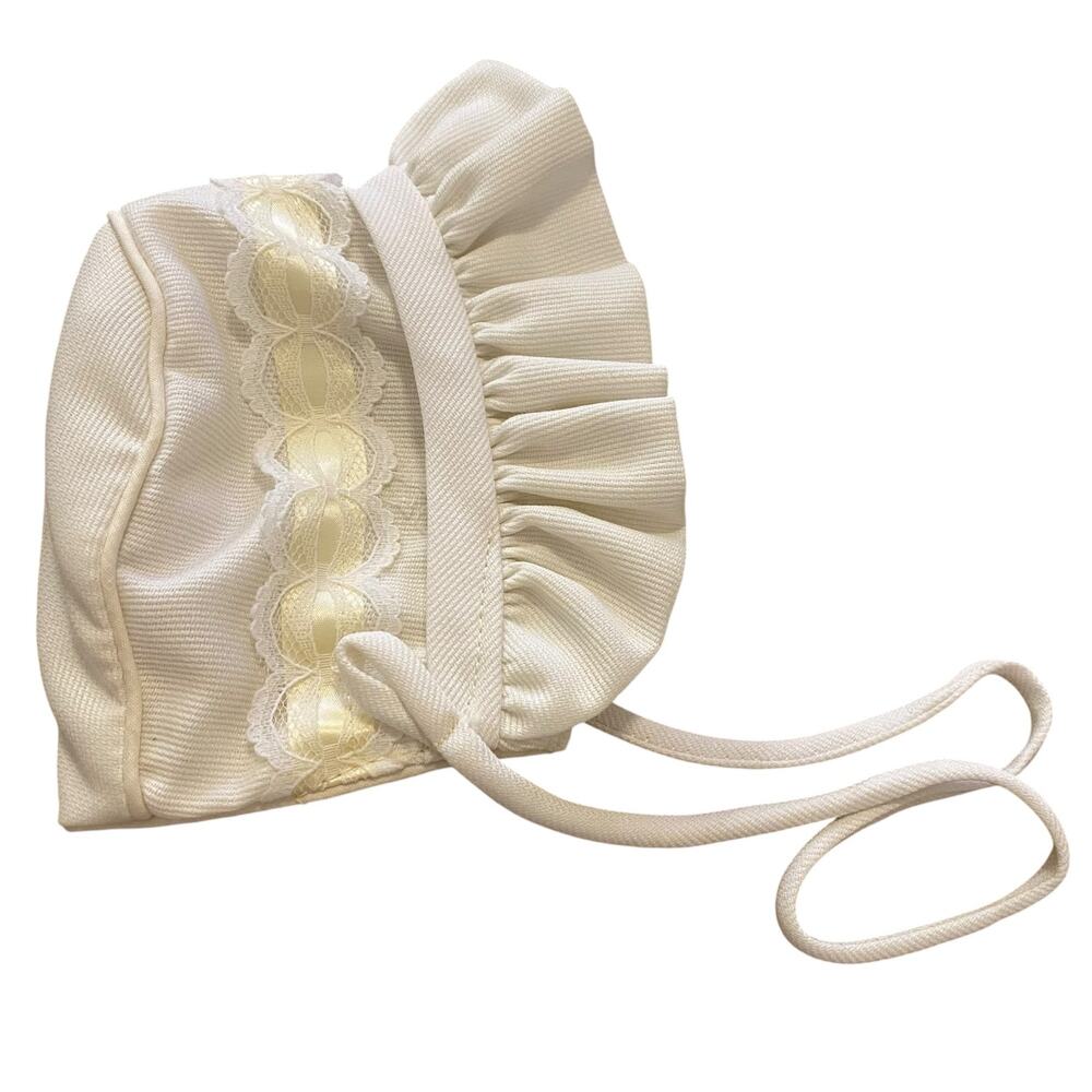 Vintage Ivory Pique Baby Bonnet Ribbon Insertion Lace Trim Heirloom Christening